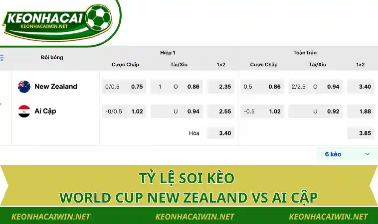 Tỷ lệ soi kèo World Cup New Zealand vs Ai Cập